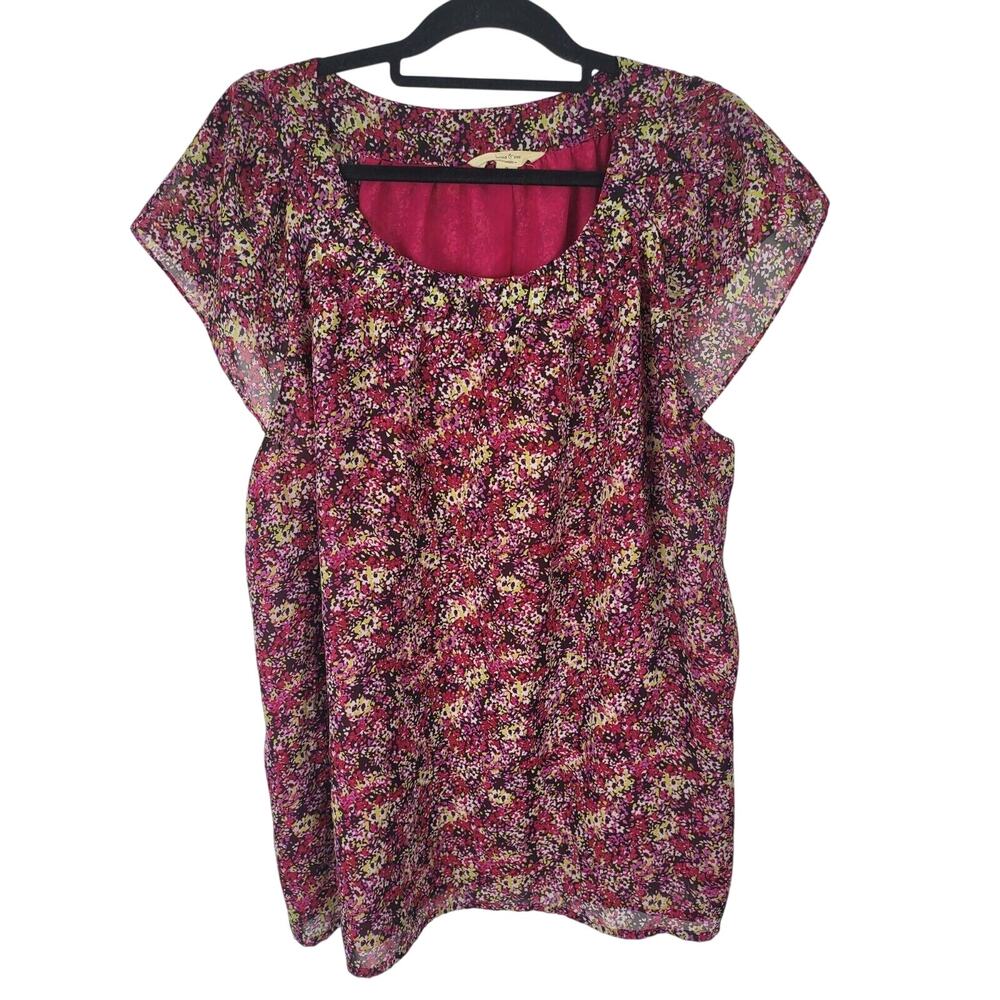 Brina & Em Blouse 2x Womens Plus Size Pink Floral Cap Sleeve Pullover Top‎